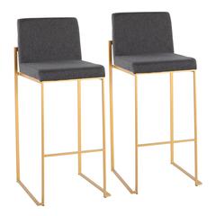 Gold Steel, Charcoal Fabric Fuji High Back Barstool - Set of 2