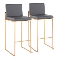 Gold Steel, Grey PU Fuji High Back Barstool - Set of 2