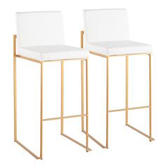 Gold Steel, White PU Fuji High Back Barstool - Set of 2