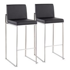 Stainless Steel, Black PU Fuji High Back Barstool - Set of 2