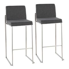 Stainless Steel, Charcoal Fabric Fuji High Back Barstool - Set of 2