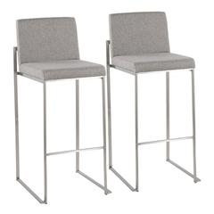 Stainless Steel, Grey Fabric Fuji High Back Barstool - Set of 2