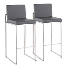 Stainless Steel, Grey PU Fuji High Back Barstool - Set of 2