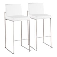 Stainless Steel, White PU Fuji High Back Barstool - Set of 2