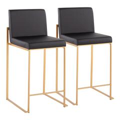 Gold Steel, Black PU Fuji High Back Counter Stool - Set of 2