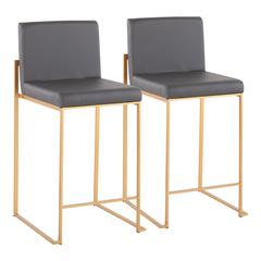 Gold Steel, Grey PU Fuji High Back Counter Stool - Set of 2