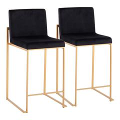 Gold Steel, Black Velvet Fuji High Back Counter Stool - Set of 2