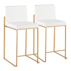 Gold Steel, White PU Fuji High Back Counter Stool - Set of 2