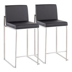 Stainless Steel, Black PU Fuji High Back Counter Stool - Set of 2