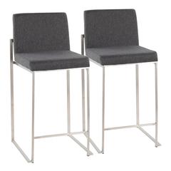 Stainless Steel, Charcoal Fabric Fuji High Back Counter Stool - Set of 2