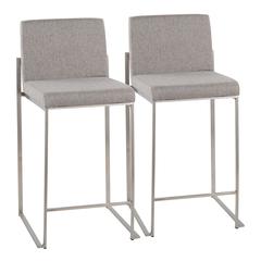 Stainless Steel, Grey Fabric Fuji High Back Counter Stool - Set of 2