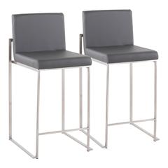 Stainless Steel, Grey PU Fuji High Back Counter Stool - Set of 2
