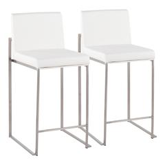 Stainless Steel, White PU Fuji High Back Counter Stool - Set of 2