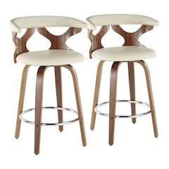 Walnut Wood, Cream PU, Chrome Gardenia Counter Stool - Set of 2