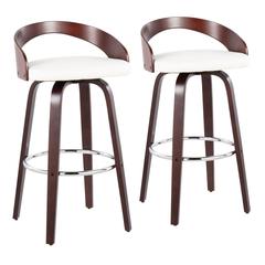 Cherry Wood, White PU, Chrome Grotto Barstool - Set of 2