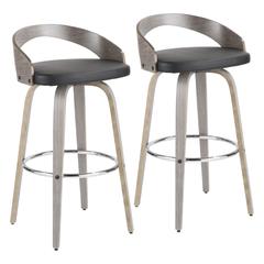 Light Grey Wood, Black PU, Chrome Grotto 30" Fixed Height Barstool - Set of 2