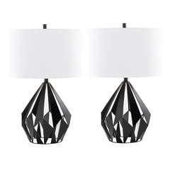 Matte Black Metal, White Linen Geome Tri 28" Metal Table Lamp - Set of 2