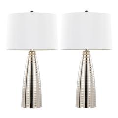 Polished Nickel, White Linen Maya 27" Metal Table Lamp - Set of 2
