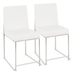 Brushed Stainless Steel, White PU High Back Fuji Dining Chair - Set of 2