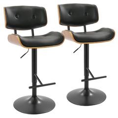 Black Metal, Walnut Wood, Black PU Lombardi Adjustable Barstool - Set of 2