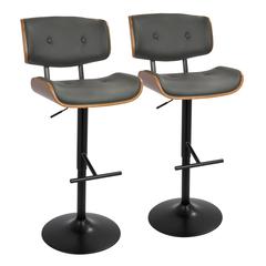 Black Metal, Walnut Wood, Grey PU Lombardi Adjustable Barstool - Set of 2
