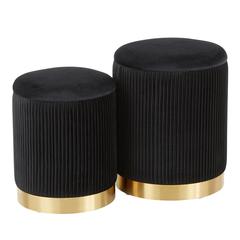 Gold Metal, Black Velvet Marla Nesting Pleated Ottoman Set