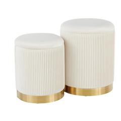 Gold Metal, Cream Velvet Marla Nesting Pleated Ottoman Set