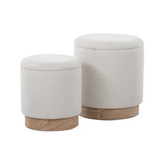 Natural Wood, Cream Fabric Marla Nesting Ottoman Set