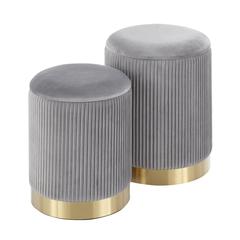 Gold Metal, Grey Velvet Marla Nesting Pleated Ottoman Set