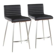 Stainless Steel, Walnut Wood, Black PU Mason Swivel Counter Stool - Set of 2