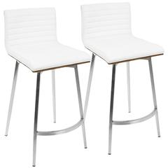 Stainless Steel, White PU, Walnut Wood Mason Swivel Counter Stool - Set of 2