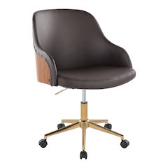 Bacci Office Chair in Gold Metal, Walnut Wood, Brown PU color