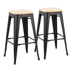 Black Steel, Natural Wood Oregon Barstool - Set of 2