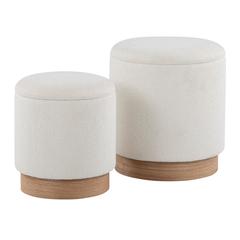 Natural Wood, Cream Fabric Marla Nesting Ottoman Set