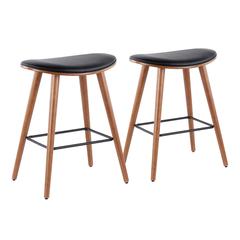 Walnut, Black PU Saddle Counter Stool - Set of 2
