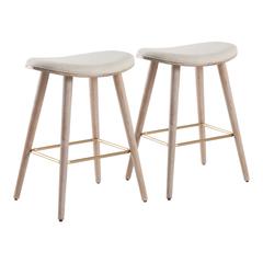 White Washed Wood, Gold Metal, Cream Fabric Saddle Counter Stool - Set of 2