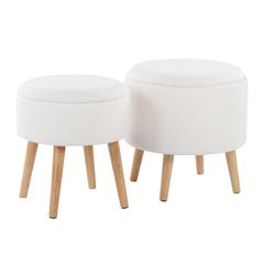 Natural Wood, Cream Fabric Tray Storage Ottoman Set