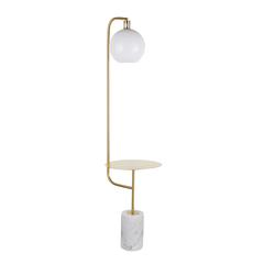 White Marble, Gold Metal, White Shade Symbol Floor Lamp with Side Table
