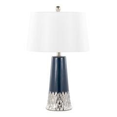 Dark Blue & Silver Ceramic Body, White Shade Penelope 22" Ceramic Table Lamp