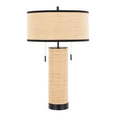 Black Metal, Natural Rattan Cylinder Rattan 29" Table Lamp