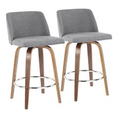Walnut Wood, Grey Fabric, Chrome Toriano Counter Stool - Set of 2