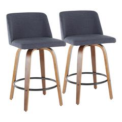 Walnut Wood, Blue Fabric, Black Metal Toriano Counter Stool - Set of 2