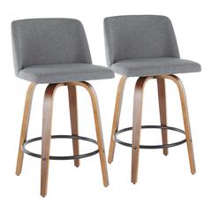 Walnut Wood, Grey Fabric, Black Metal Toriano Counter Stool - Set of 2
