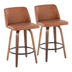 Walnut Wood, Camel PU, Black Steel Toriano 26" Counter Stool - Set of 2