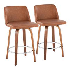 Walnut Wood, Camel PU, Chrome Toriano 26" Counter Stool - Set of 2