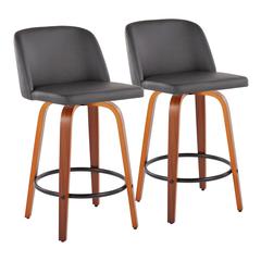 Walnut Wood, Grey PU, Black Steel Toriano Fixed-Height Counter Stool - Set of 2