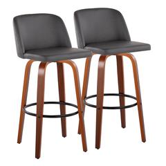 Walnut Wood, Grey PU, Black Metal Toriano 30" Fixed Height Barstool - Set of 2