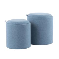 Blue Fabric, Natural Wood Tray Nesting Ottoman Set
