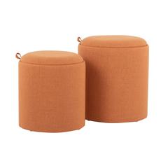 Orange Fabric, Natural Wood Tray Nesting Ottoman Set