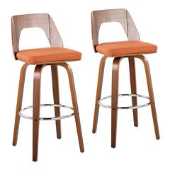 Walnut Wood, Orange Fabric, Chrome Trilogy 30" Barstool - Set of 2